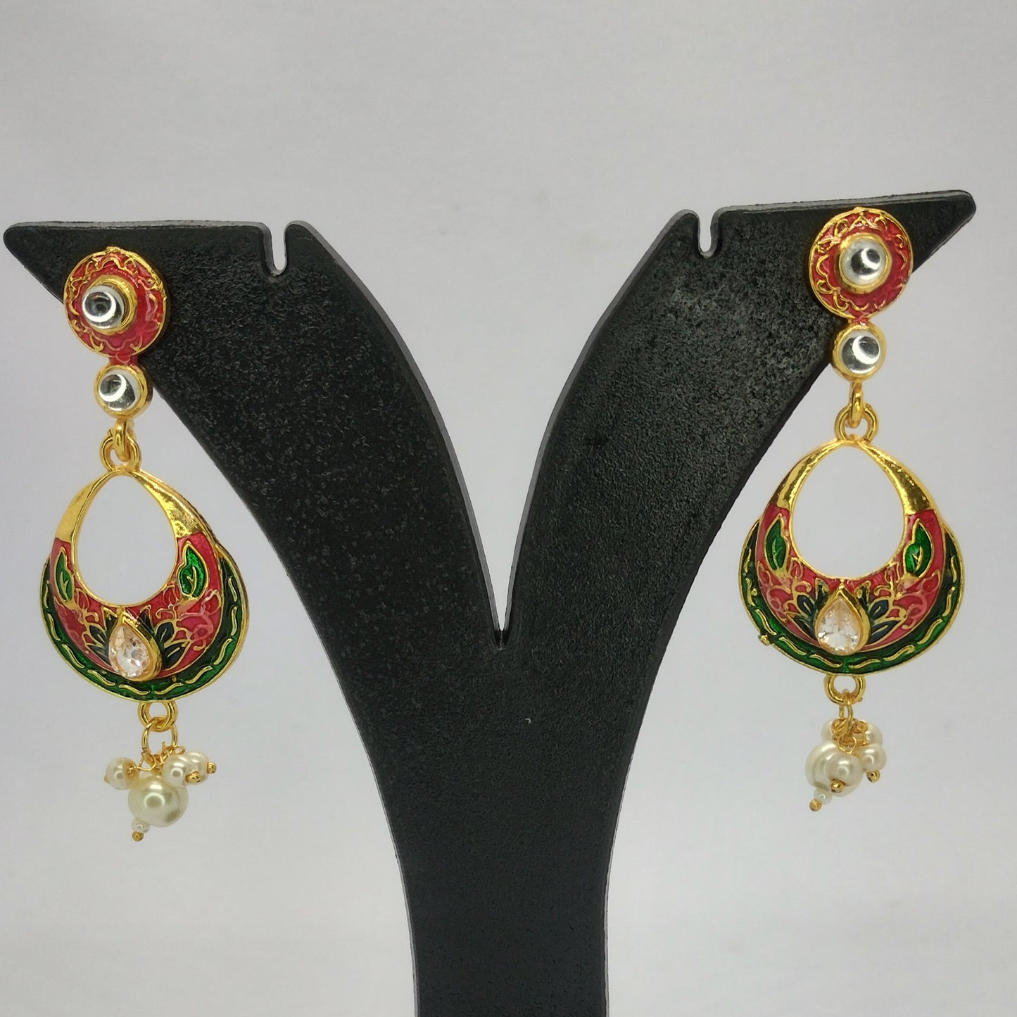 Traditional Meenakari Earrings with Pearl Drops and Stone Accent
