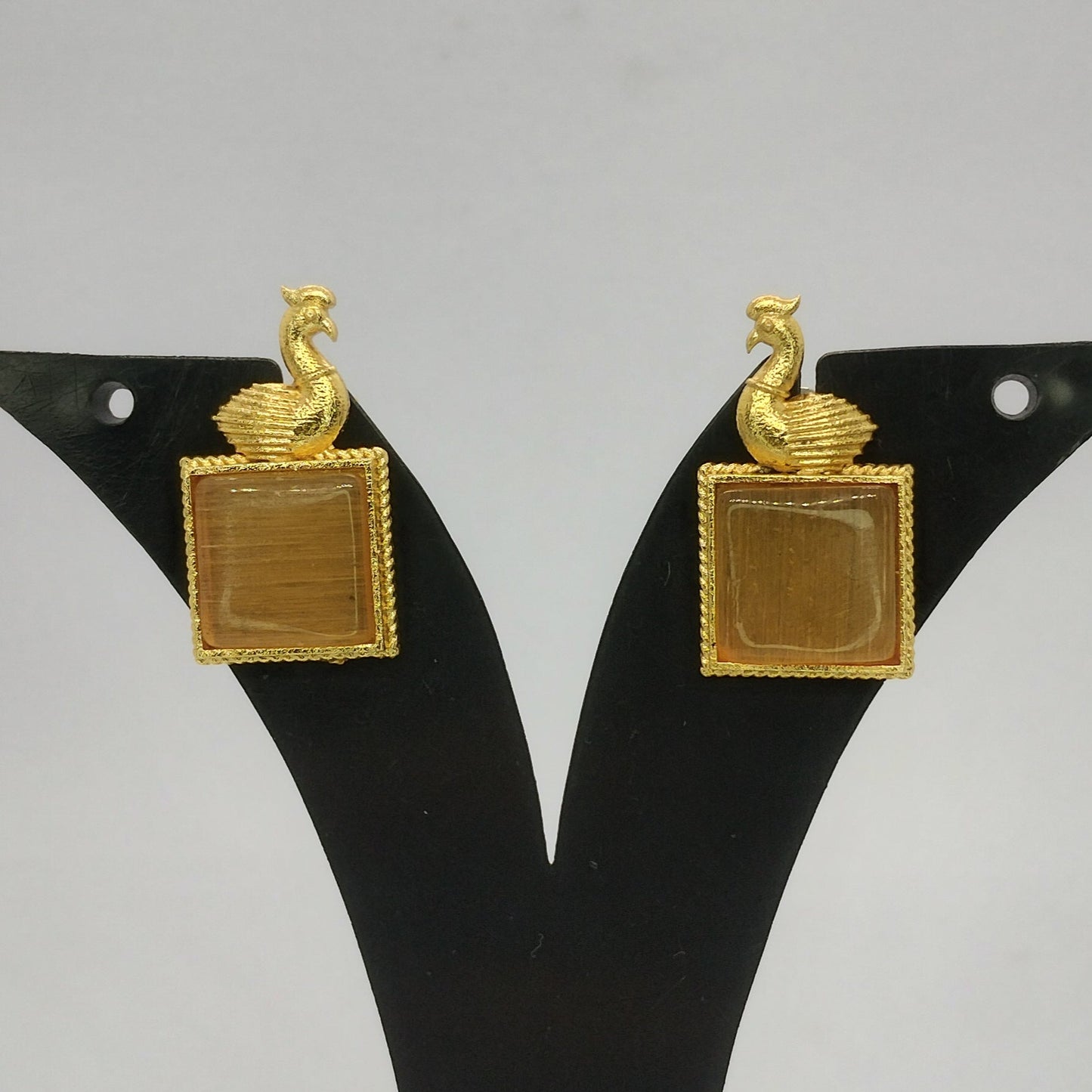 Elegant Brass Peacock Earrings with Stone Centerpiece
