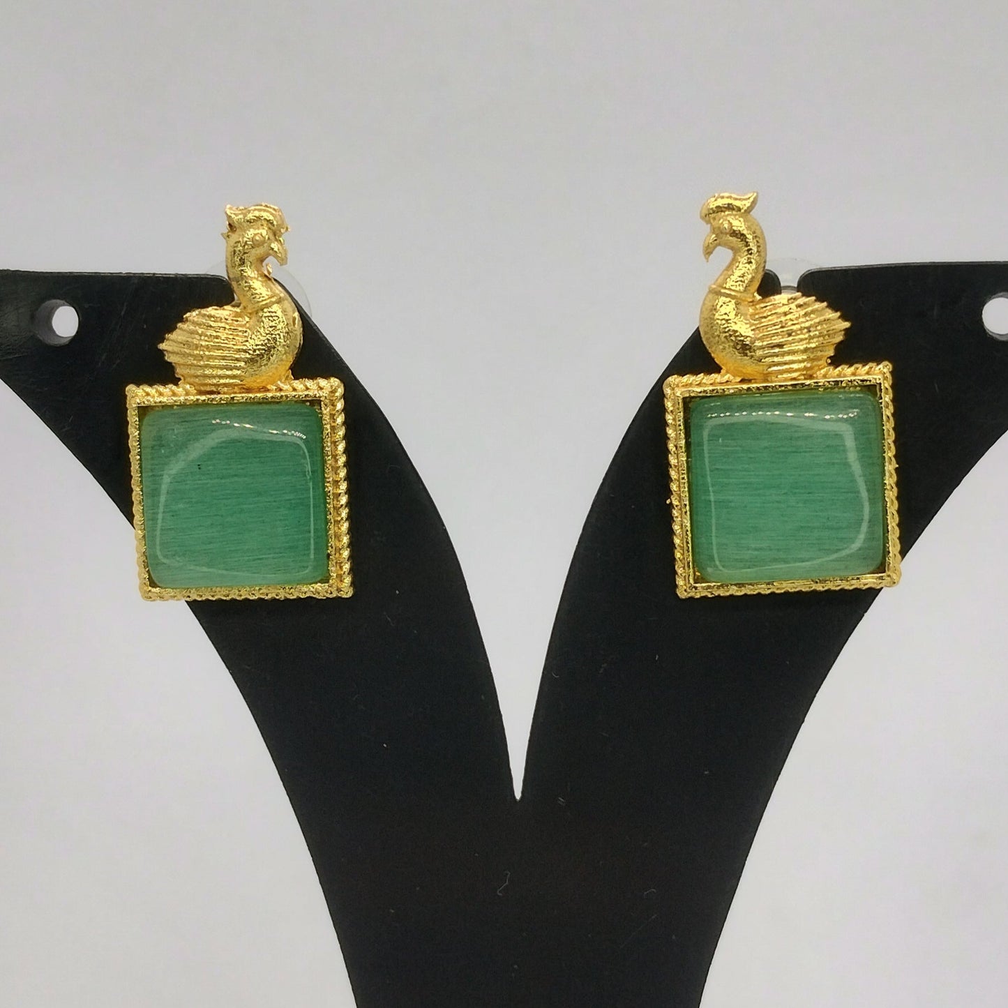 Elegant Brass Peacock Earrings with Stone Centerpiece