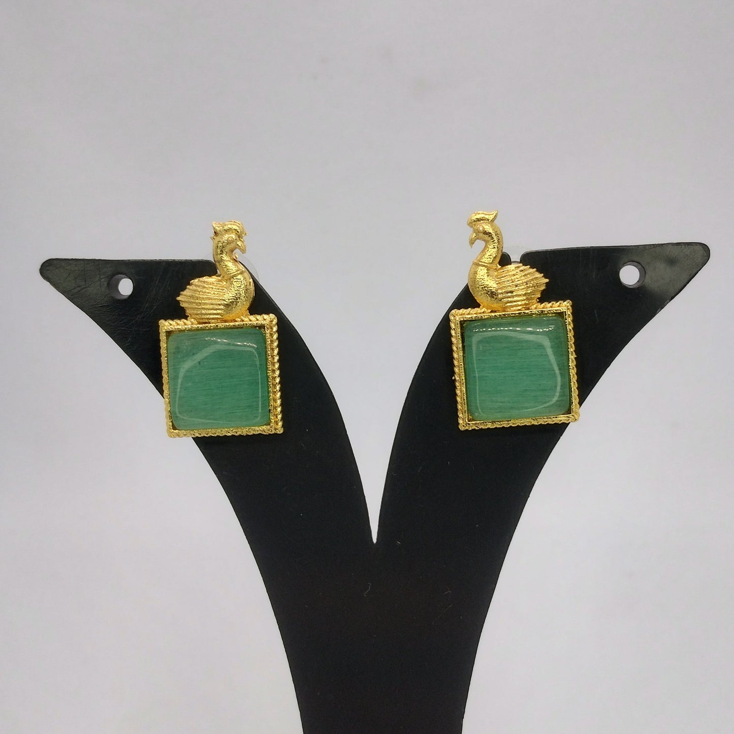 Elegant Brass Peacock Earrings with Stone Centerpiece