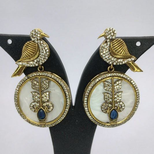 Antique Finish Marble Earrings with Bird and Crystal Embellishments