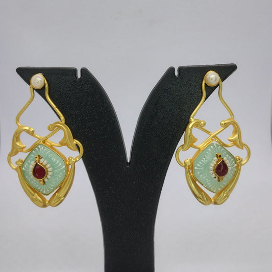 Elegant Brass Earrings with Mint Enamel and Red Stone Accent