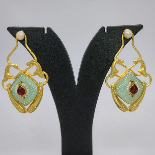Elegant Brass Earrings with Mint Enamel and Red Stone Accent