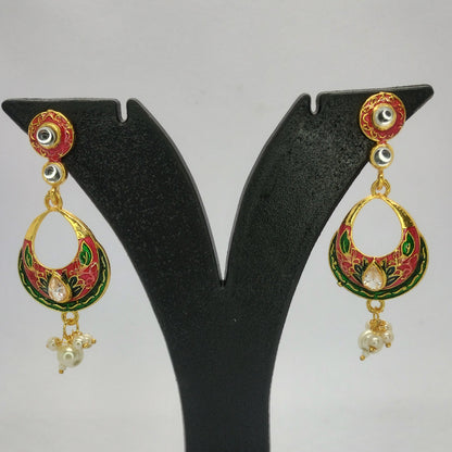 Traditional Meenakari Earrings with Pearl Drops and Stone Accent
