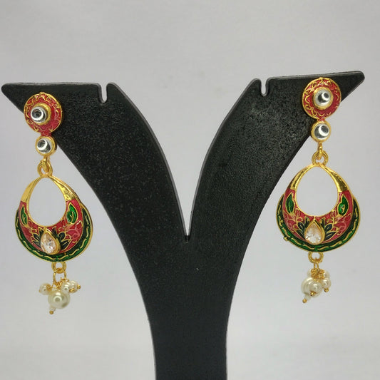Traditional Meenakari Earrings with Pearl Drops and Stone Accent