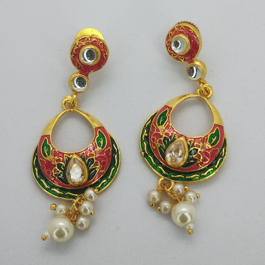 Traditional Meenakari Earrings with Pearl Drops and Stone Accent