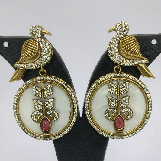 Antique Finish Marble Earrings with Bird and Crystal Embellishments
