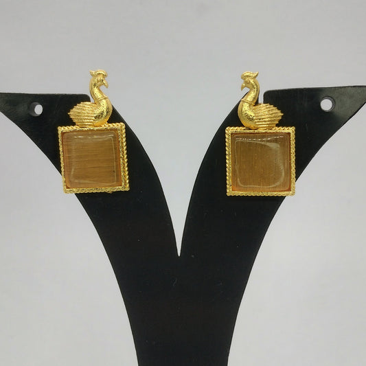 Elegant Brass Peacock Earrings with Stone Centerpiece
