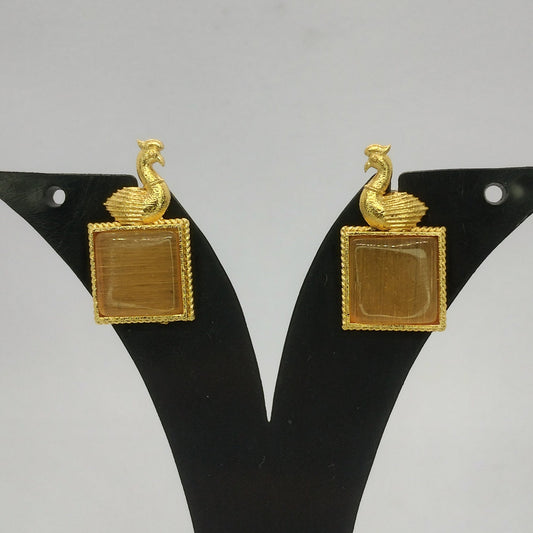 Elegant Brass Peacock Earrings with Stone Centerpiece