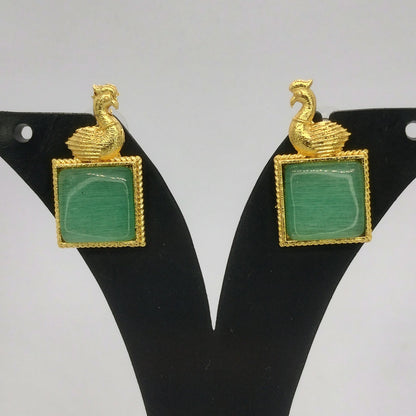 Elegant Brass Peacock Earrings with Stone Centerpiece