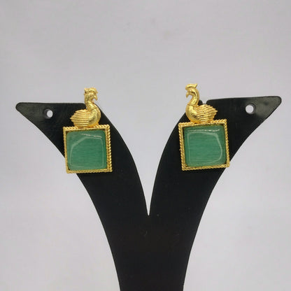 Elegant Brass Peacock Earrings with Stone Centerpiece